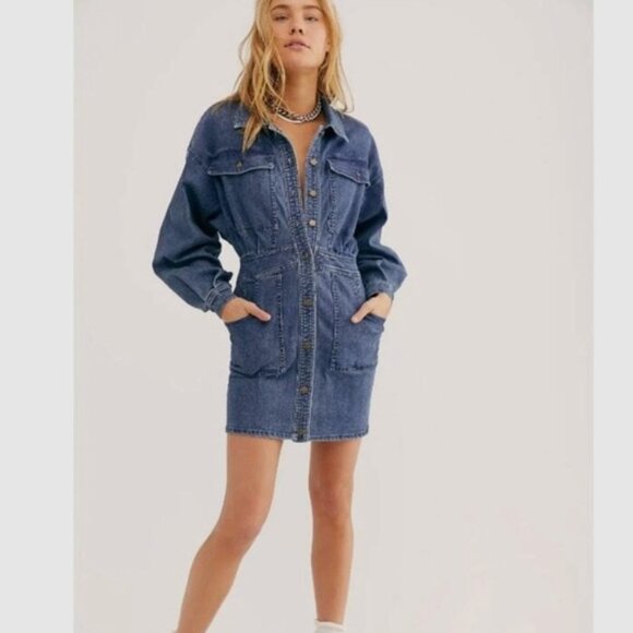 Free People Bo Denim Long Sleeve Button Front Mini Dress Puff Sleeve Size Small - Picture 1 of 12